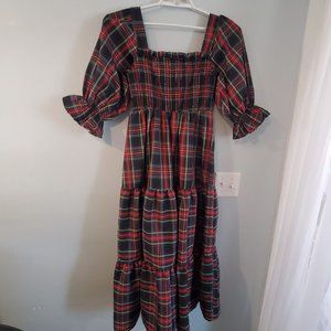 Aura dress womens Medium Tartan Plaid tiered smocked puff sleeves Silent Wish